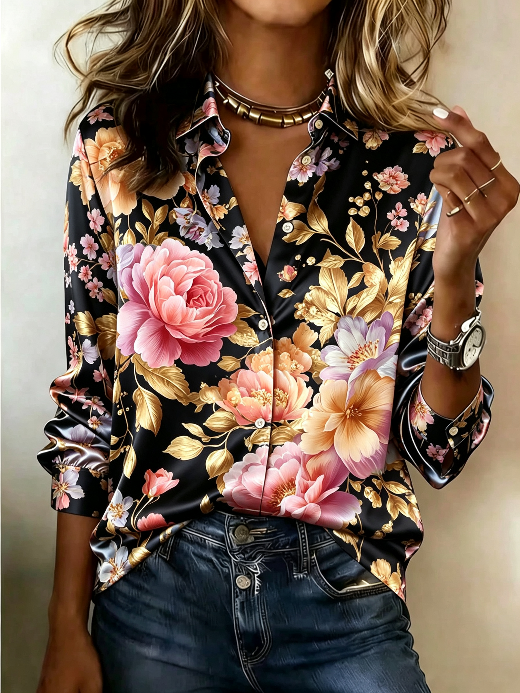 Black Gold Floral Satin Shirt