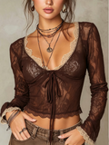 Brown Lace Front Tie Crop Top