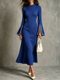 Royal Blue Ribbed Pearl Cuff Midi Dress