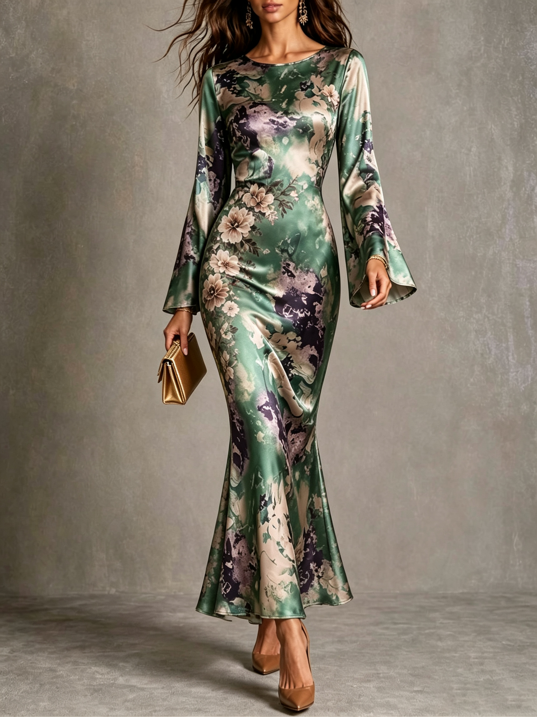 Green Floral Silk Mermaid Dress
