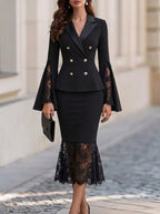 Black Lace Sleeve Peplum Midi Dress