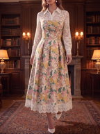 Cream Floral Lace Collar Midi Dress