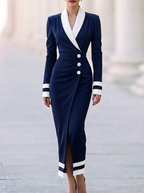 Navy White Collar Slit Midi Dress