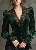 Green Velvet Lace Trim Blouse