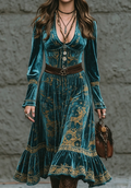 Teal Gold Velvet Midi Dress
