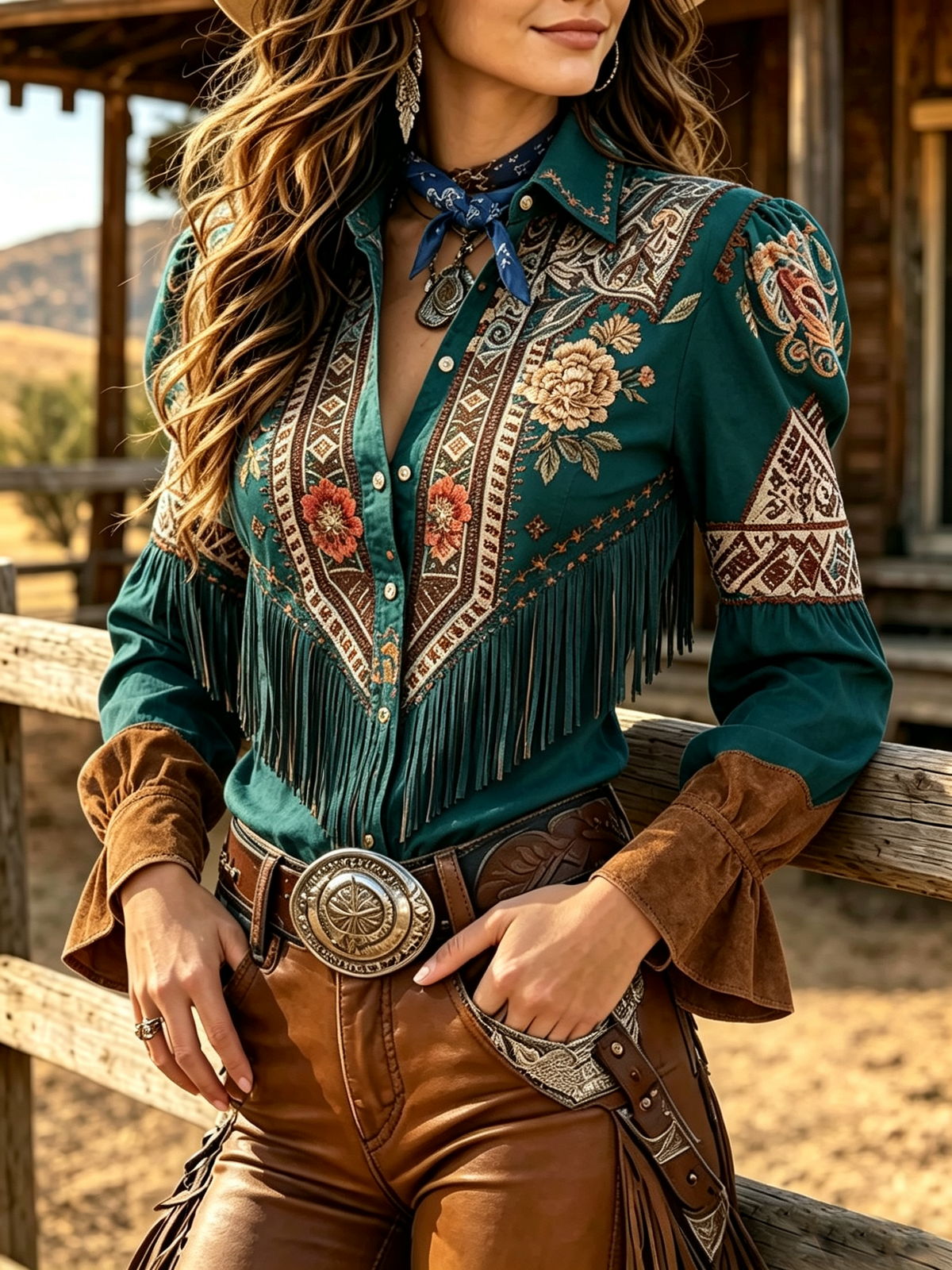 Teal Embroidered Fringe Western Shirt
