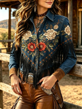 Blue Denim Floral Embroidered Fringe Shirt