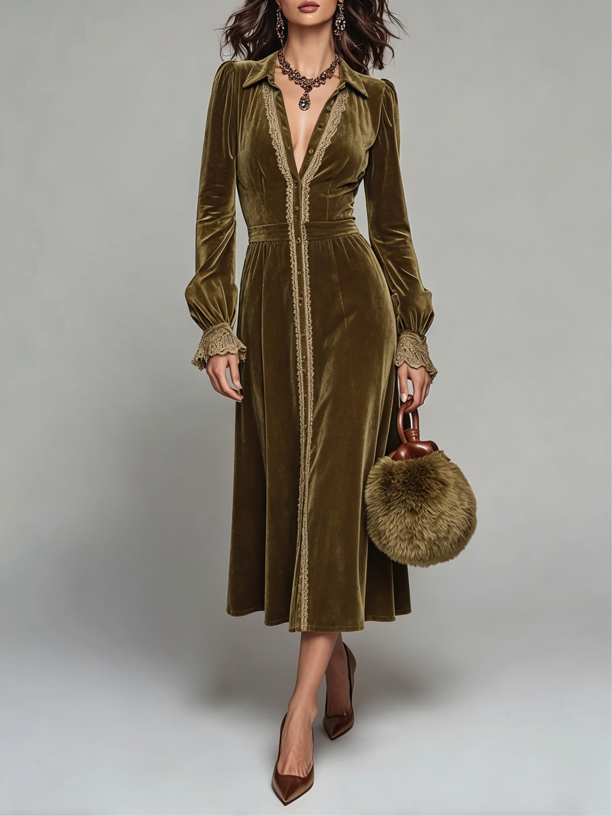 Olive Velvet Button-Down Midi Dress
