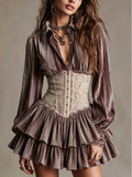 Brown Striped Lace Corset Mini Dress
