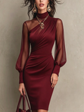 Burgundy Velvet Sheer Sleeve Midi Dress