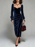 Navy Velvet Pearl Trim Midi Dress