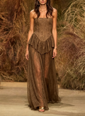 Strapless Corset Style Lace Panel Maxi Dress