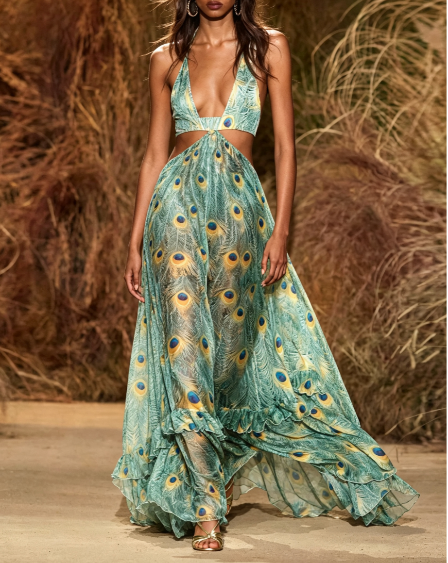 Peacock Feather Print Halter Cutout Maxi Dress
