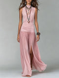 High Neck Ruched Waist Pleated Split Maxi Dress