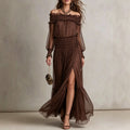 Off-Shoulder Lurex Stripe Smocked Waist Maxi Dress