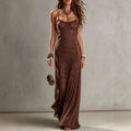 Sheer Lace Spaghetti Strap Bias Cut Maxi Dress