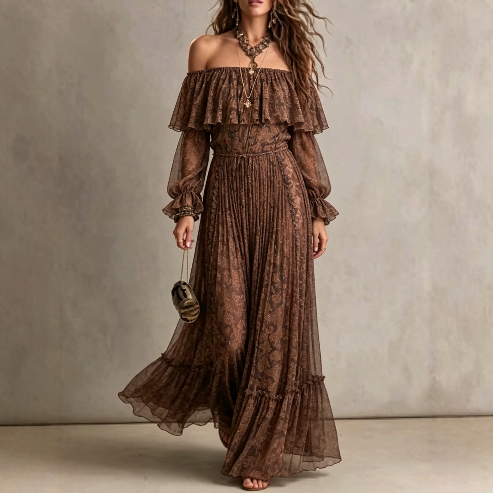 Off-Shoulder Paisley Print Tiered Ruffle Maxi Dress