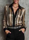Metallic Gold Stripe Satin Button-Down Shirt