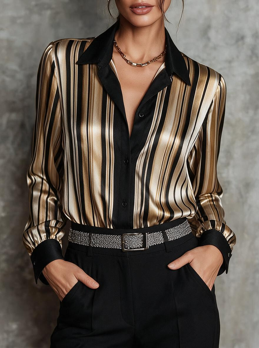 Metallic Gold Stripe Satin Button-Down Shirt