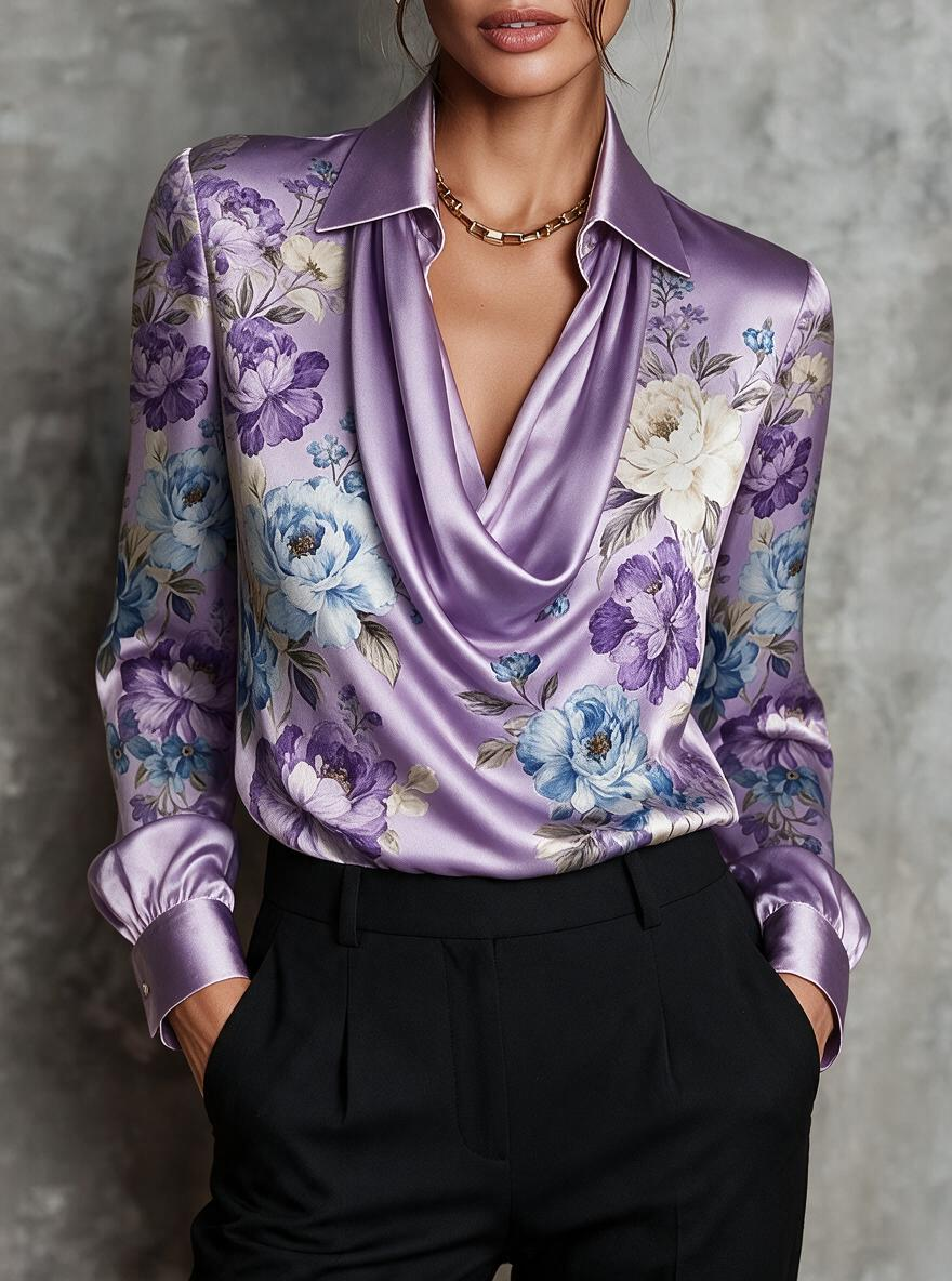 Lavender Floral Cowl Neck Satin Blouse