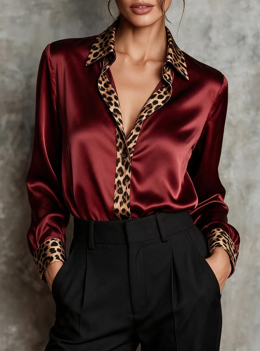 Burgundy Leopard Trim Satin Shirt