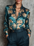 Teal Gold Floral Satin Shirt