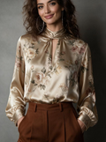 Champagne Floral Drape Neck Satin Blouse