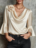 Ivory Satin Cowl Neck Rose Applique Top