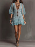 Women Lace Trim V Neck Puff Short Sleeve Tiered Sheer Chiffon Mini Boho Dress