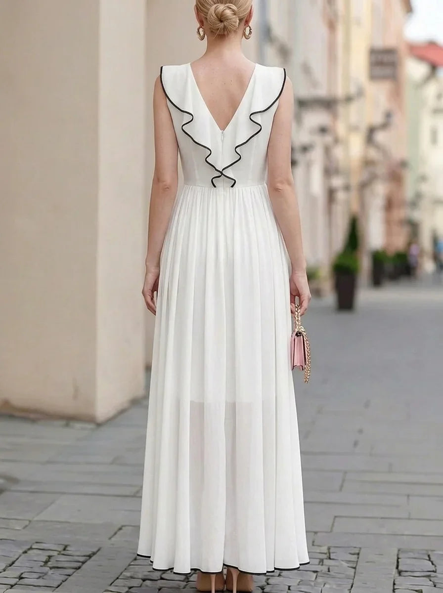 Black Trim Ruffle V Neck Sleeveless High Low Chiffon Maxi Dress