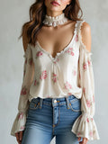 Women Lace Trim Cold Shoulder Floral Print Ruffle Bell Long Sleeve Blouse