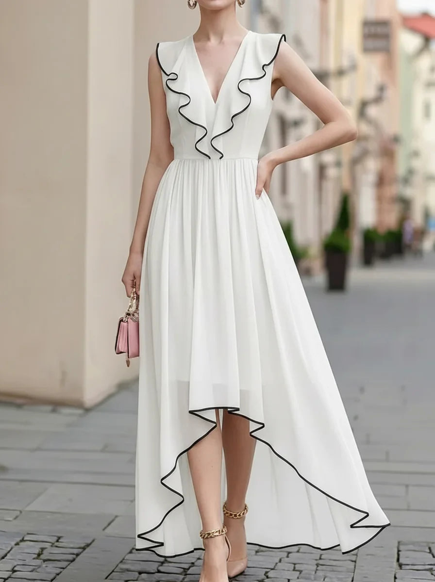 Black Trim Ruffle V Neck Sleeveless High Low Chiffon Maxi Dress