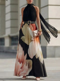 Halter Sash Big Floral Print Belted Black Maxi Dress