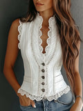 White Quilted Lace Trim Faux Leather Sleeveless Vest