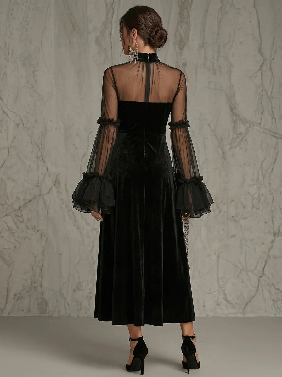 Black Velvet Midi Dress with Sheer Mesh Ruffle Bell Sleeve