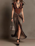 Brown Halter Lace Trim Corset Spliced Leopard Print Slit Maxi Dress