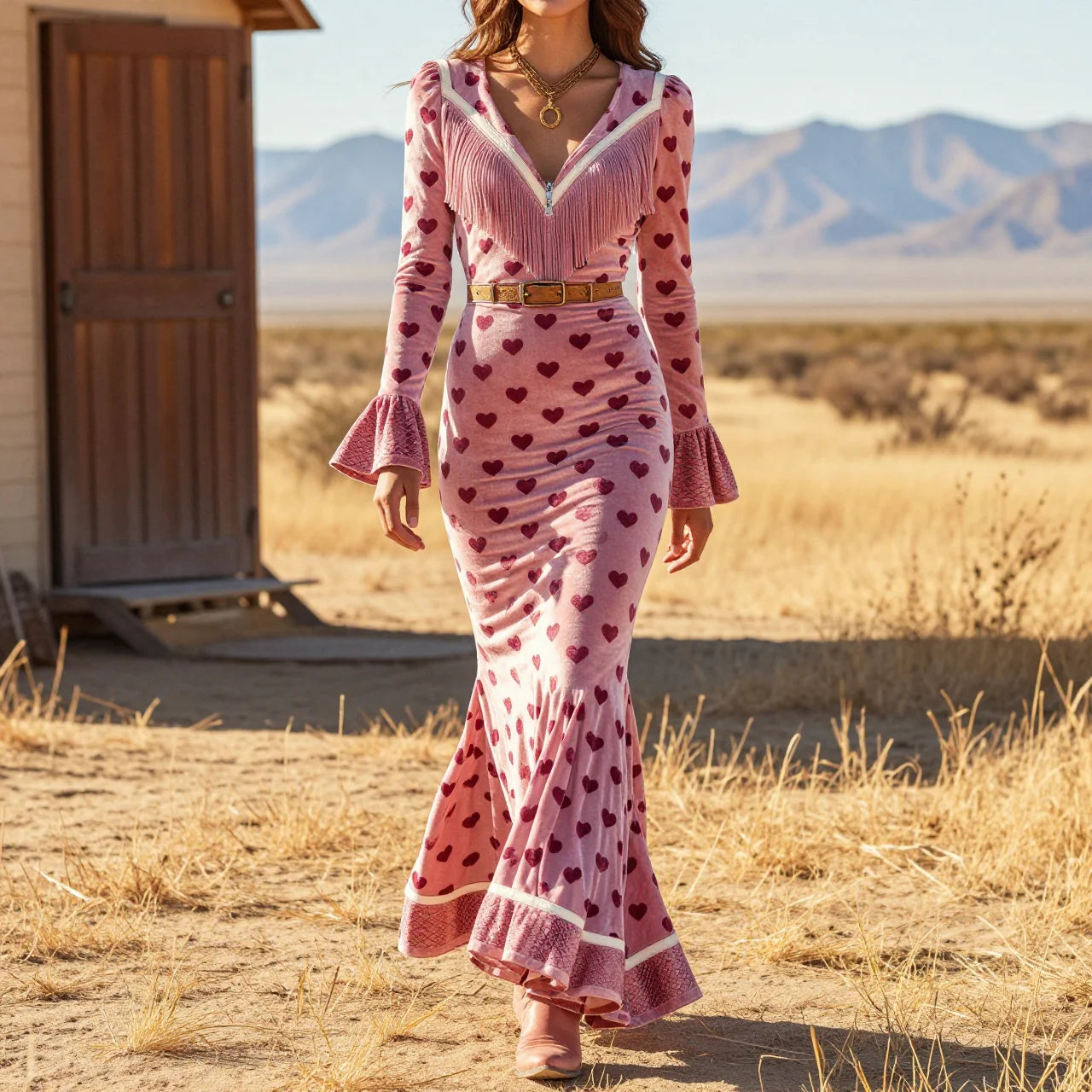 Pink Velvet Heart-Print Fringe V-Neck Belted Mermaid Maxi Dress