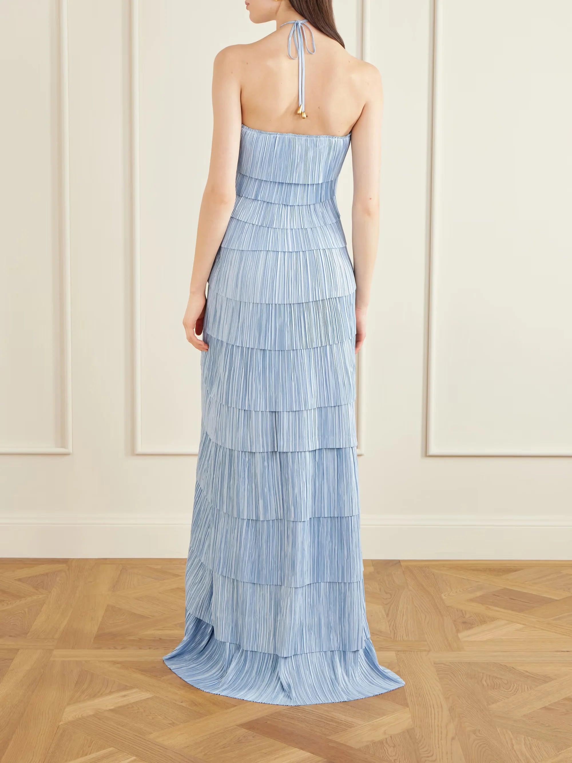 Light Blue Halter Neck Diagonal Layered Pleated Floor-Length Maxi Dress