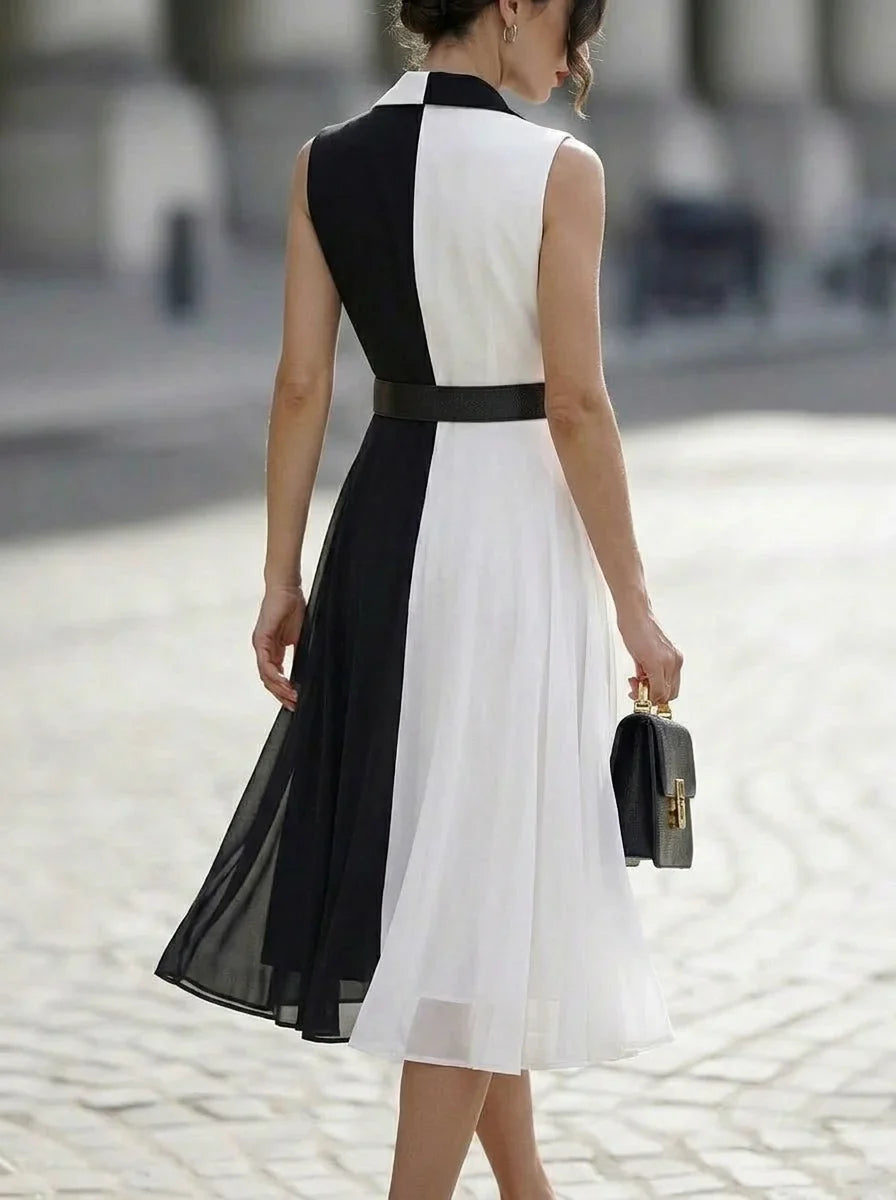 Blazer Collar Color Block Belted Sleeveless Chiffon Midi Dress