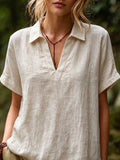 Women Lapel Collar V Neck Short Sleeve Relaxed Casual Blouse