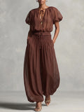 Dark Brown Chiffon Puff Sleeve Tie Waist Wide Leg Jumpsuit