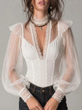 White Lace High Neck Sheer Tulle Puff Sleeve Corset Blouse
