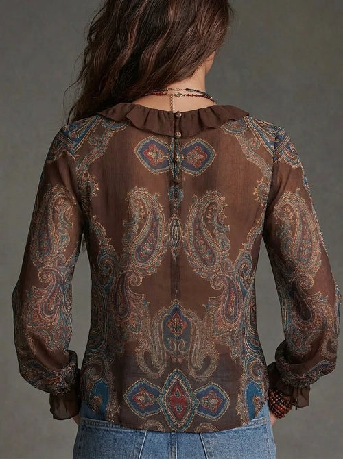 Brown Paisley Print Ruffle V-Neck Button Back Chiffon Blouse