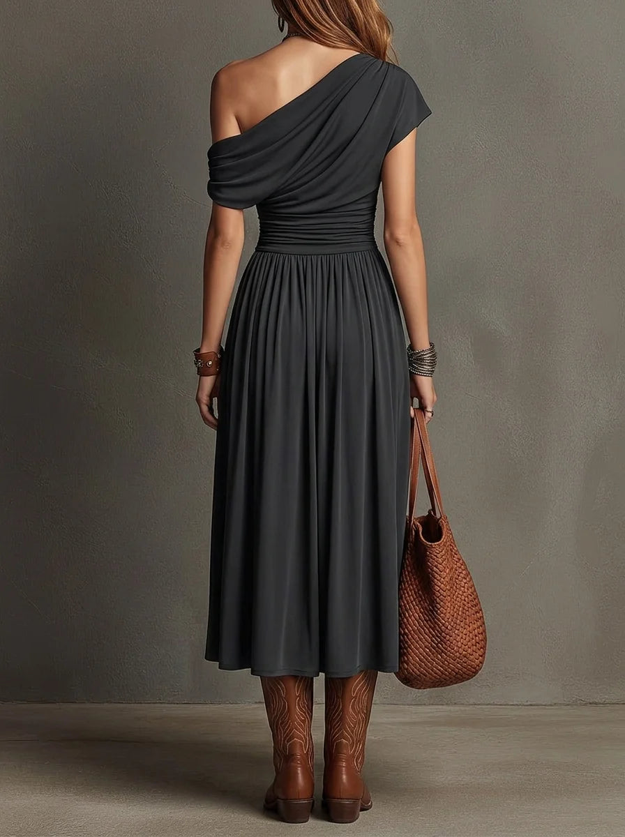 Black Draped One Shoulder Ruched Waist Midi Dress