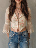 French Floral Lapel Mesh Flare Sleeve Lace Trim Crop Blouse