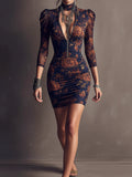 Navy Orange Floral Print Mesh Puff Sleeve Bodycon Mini Dress