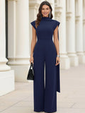 Cowl Neck Cap Sleeve One Side Drape Sash Waist Navy Wide Leg Formal Jumpsuit