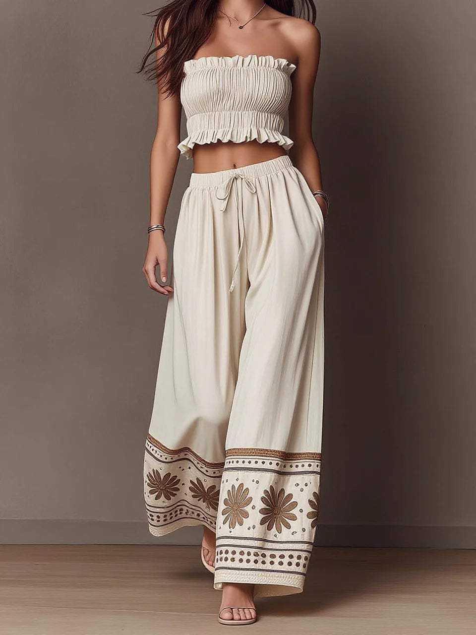 Boho Two Piece Outfit: Ruffle Smocked Tube Crop Top & Floral Border Print Wide Leg Palazzo Pants Set