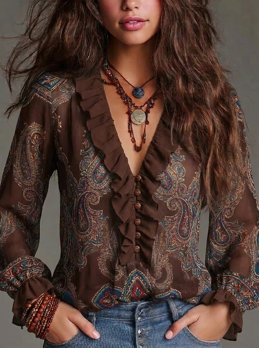 Brown Paisley Print Ruffle V-Neck Button Back Chiffon Blouse