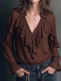 Chocolate Brown Ruffle Gold Stud Flare Sleeve Chiffon Blouse